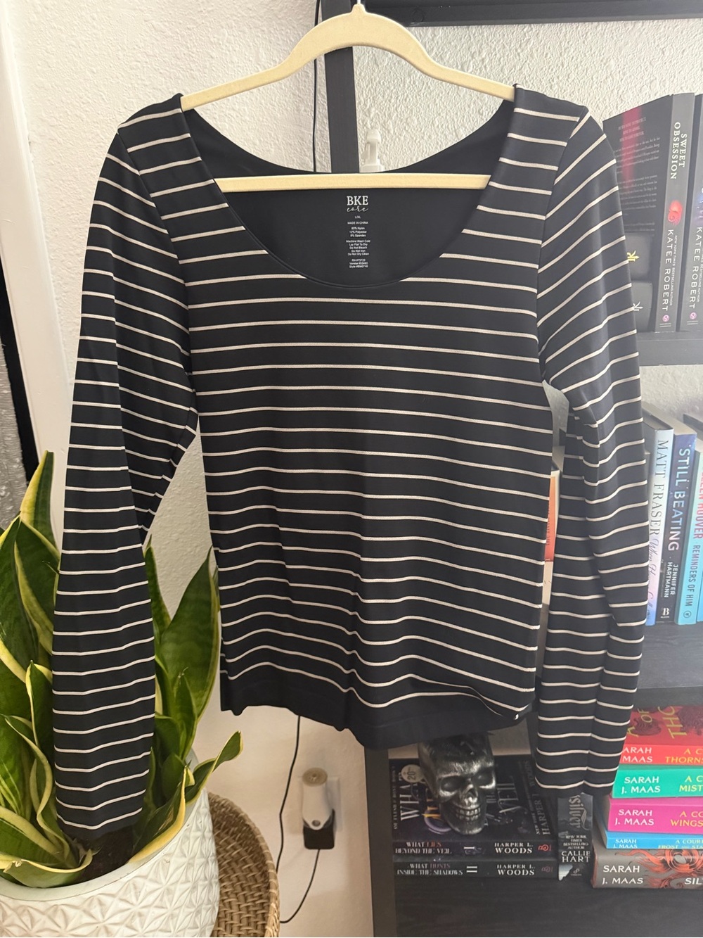 BKE Black and Cream Striped Scoop Neck Long Sleeve Top